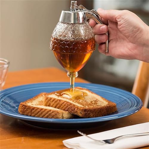 xixibuy Dispensador de jarabe, Dispensador de miel antigoteo, Tarro miel, Hermoso tarro de miel de panal, Tarro de miel con soporte para la cocina doméstica Miel y sirope(200ML-acrílico)