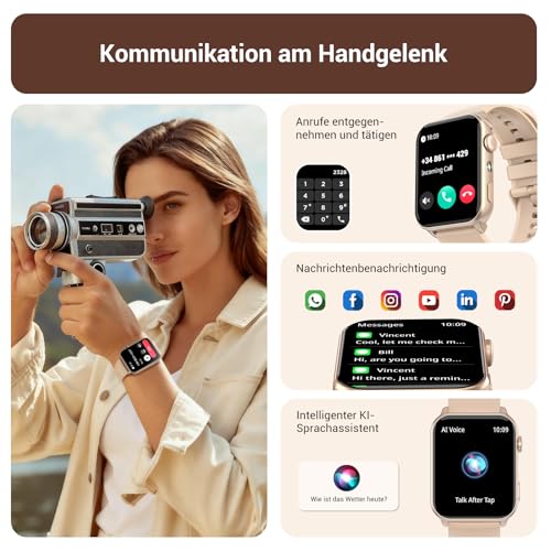 IOWODO Smartwatch Damen Anruf, Taschenlampe, Herzfrequenz, Schrittzähler – Ansicht 2