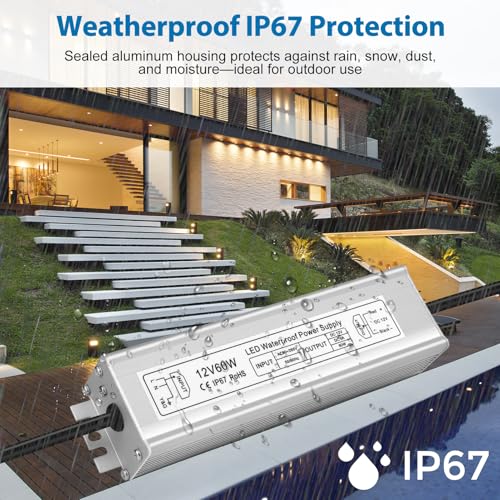 Image of 12V 60W LED Power Supply, IP67 Waterproof LED Driver Transformer, AC 90-265V to DC 12V 5A Low Voltage Converter for Outdoor Landscape Lighting and LED Strip Lights, 3-Prong Plug with 3.3FT Cable
