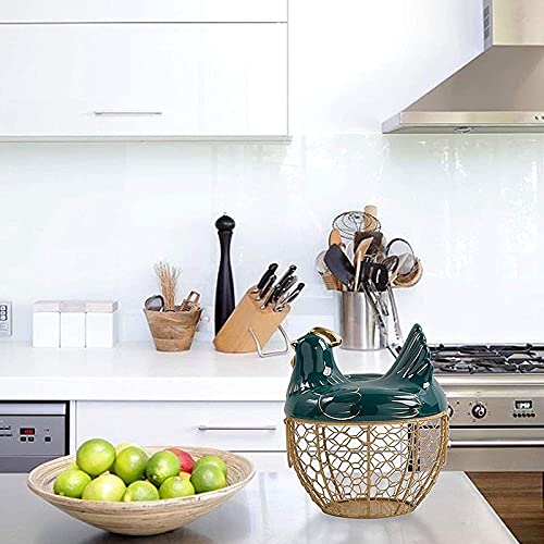 Cesta de almacenamiento de huevos, cesta de alambre de metal con tapa en forma de gallina, soporte de cerámica para 30 huevos