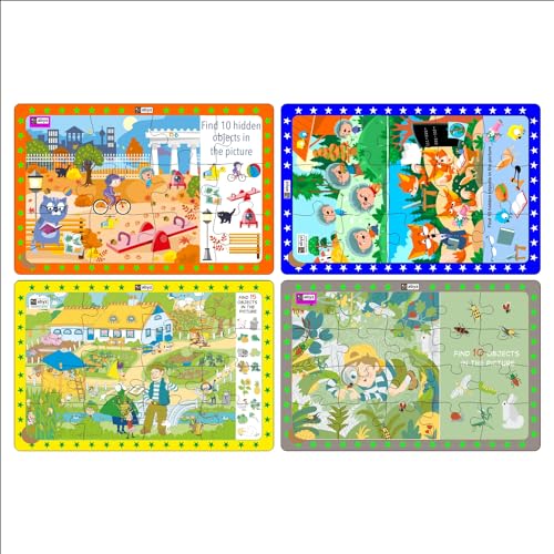 Image of ABYZ Wooden Jigsaw Puzzle - Evening at Park, Lions & Foxes, Farmers Garden, Insects Expedition Playset for Little Explores, 63 Pieces - Pack of 4 | Birthday Gift for (3 Plus Years) Age Kids.