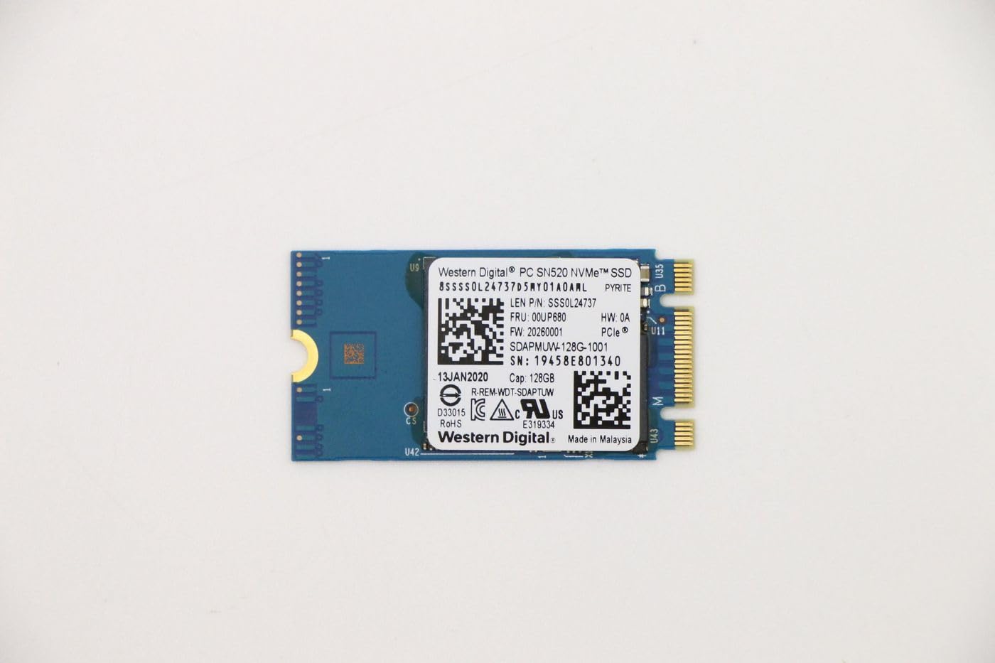 Lenovo SSD M.2 PCIe NVMe FRU SSD 128GB RoHS WD M.2-​2242 SN520, FRU00UP680 (128GB RoHS WD M.2-​2242 SN520 128GB Gen3x2)