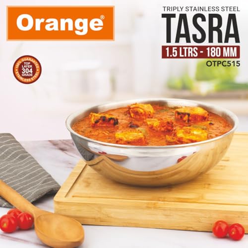 Image of Orange Stainless Steel (Triply Tasra Without Lid, 1.5 LTR, 18cm) 3 Layers Kadai | Heavy Bottom | 2.5mm Thickness | Multi-Purpose & Durable | Induction and Gas Stove Friendly | 5 Year Warranty, Silver