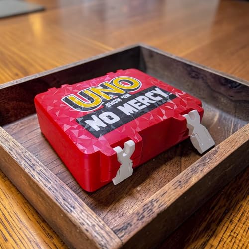 Image of Uno No Mercy Card Game Storage Box with Snap On Locks, Inner Tray, Multicolor, Durable (Red Box + Card Deck)