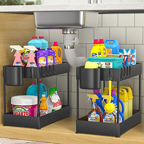 Hekaty 2Pcs Under Sink Organizer Shelf Multi-Purpose 2 Tier Under Sink Organizer And Storage Bathroom Kitchen Restroom Cabinet Organization And Storage With Cup & Hooks Cleaning Supplies Organizer #TOP6