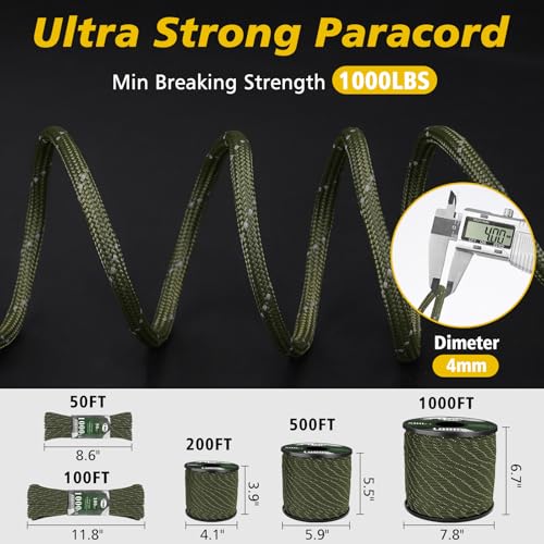 X XBEN Paracord Reflective 1000lb, 50/100/200/500/1000ft 4mm, 13 Strand Paracord Rope, Tactical Parachute Cord for Camping, Fishing, Clothesline, Hammock, Tent & Survival Bracelet, Army Green - Image 3