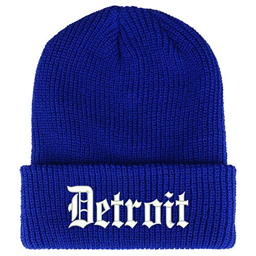 Trendy Apparel Shop Old English Font Detroit City Embroidered Ribbed Cuff Knit Beanie - Royal