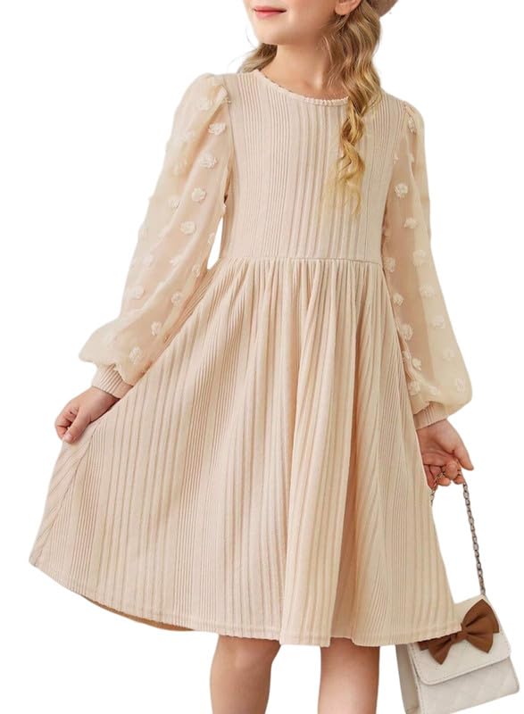 Girls Fall Long Sleeve Knit Dresses Casual Crewneck Swiss Dot A-line Dress 6-15 Years