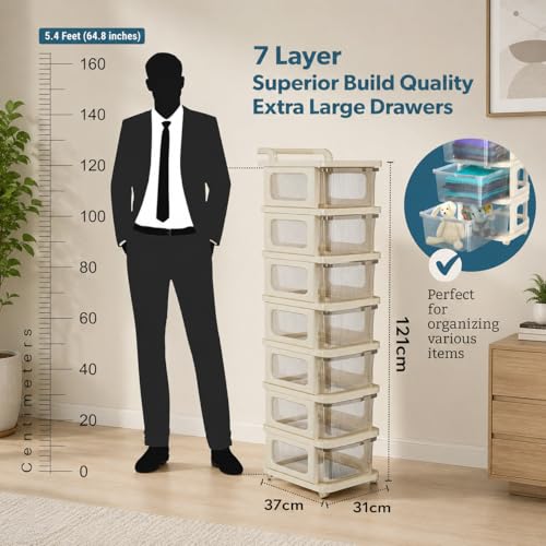 Image of URBAN LUXY Plastic Storage Drawer Organizer with Wheels | Multi-Purpose Chest of Drawers for Home, Office & Bedroom | Clothes, Toys & Stationery Organizer (Ivory & Brown, 7 Layer)