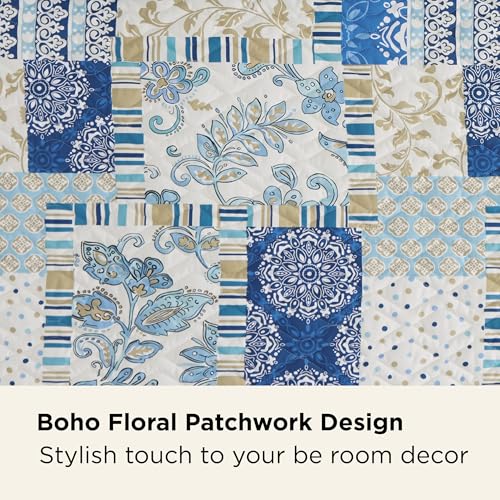 Image of Bedsure Patchwork Quilt Queen Size, Reversible Boho Comforter Bedding, Blue