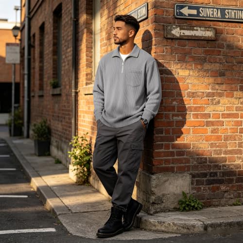 Mens Quarter Zip Corduroy Long Sleeve Polo Shirt Pullover Fall - image 2