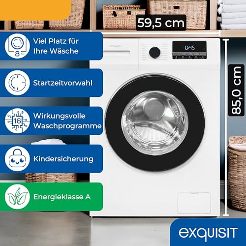 Exquisit Waschmaschine 8kg, Energieeffizienzklasse A, max. 1400 U/Min, Schnellprogramm, Startzeitvorwahl (3-24 Std.), Kindersicherung, Aquastop, ECO, 16 Waschprogramme, WA58014-340A weiss – Bild 3