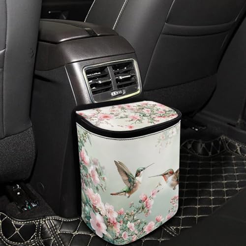 Image of Talayituse Hummingbird Floral Print Car Trash Can with Lid, Leak Proof Auto Trash Bag Hanging Vehicle Garbage Can Multipurpose Storage Container for Back Seat Road Trip