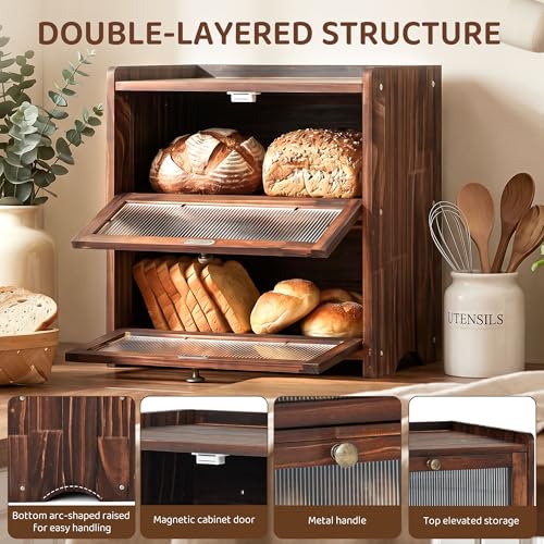 Wooden-Bread-Box-with-Acrylic-Window-for-Kitchen-Countertop-Natural-Pine-Wood-2-Layer-Large-Capacity-Vintage-Farmhouse-Kitchen-Countertop-Organizer-Raised-Top-Edge-and-Curved-Bottom