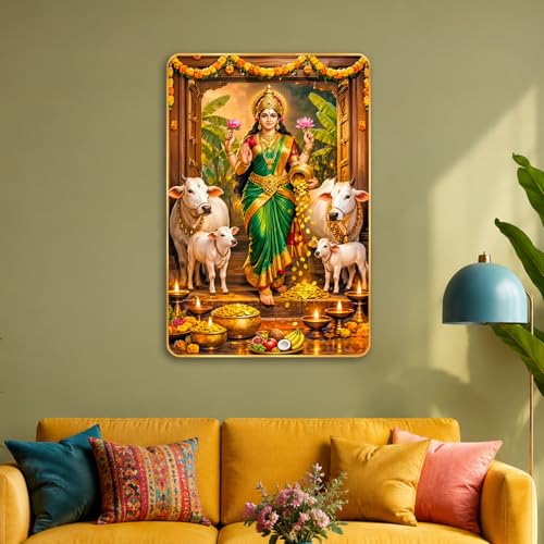 Image of The Hanging Story Lakshmi Mata with Kamdhenu Cow Wooden Printed Painting for Living Room Wall Decoration | Vastu Paintings for Home Decor Bedroom Office Mandir Wall Art (18x24 inch)