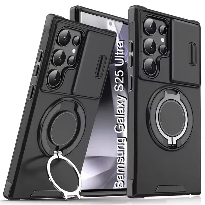 Image of LuxuryKase Shockproof Rugged Case for Samsung Galaxy S25 Ultra | Slide Camera Cover | 360 Rotating Ring Kickstand | Military-Grade Protection - Matte Black