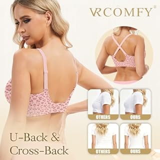 VRCOMFY Jelly Wireless Bra for Women Deep V Push Up Seamless T-Shirt Bras Comfortable Plunge No Underwire Bra with Adjustable Straps Everyday Bras Leopard Pink