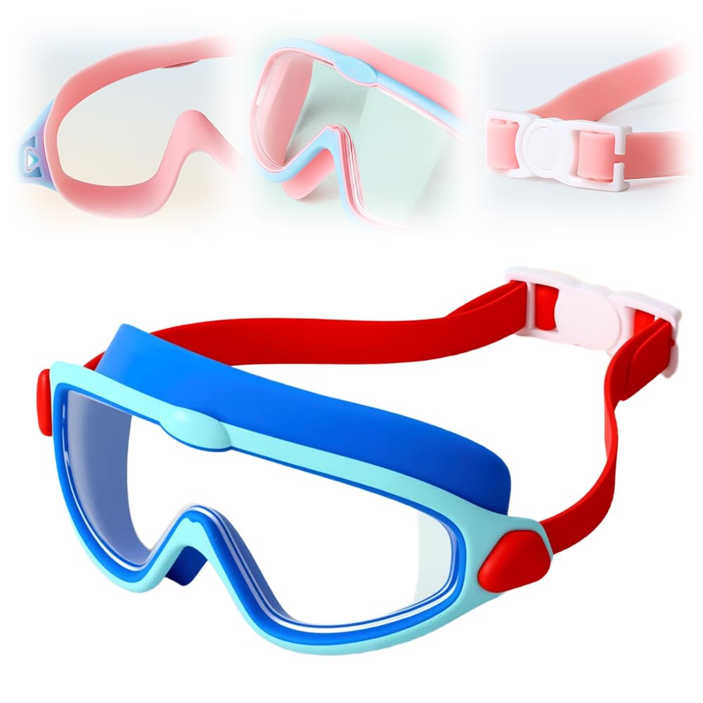 HD Children's Large Frame Waterproof and Anti-fog Swimming Goggles, 180° Wide View Swim goggles for Kids 3-15