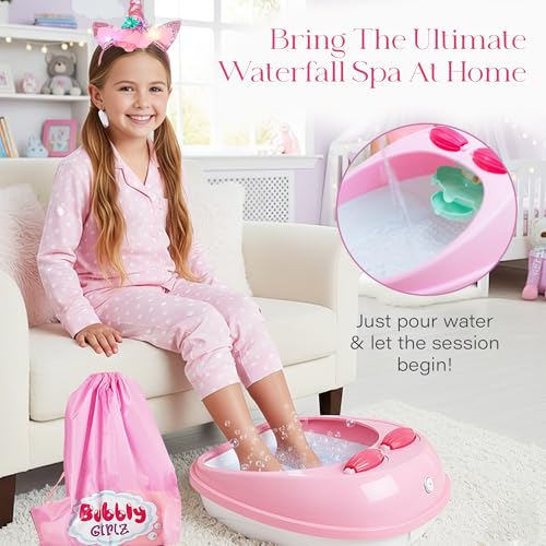 Glow in the Dark Kids Spa Kit for Girls, 42+ Piece Spa Toys Set with Waterfall Foot Spa, Pedicure Accessories, Perfect for Ages 6–12, Fun Birthday or Christmas Gift
