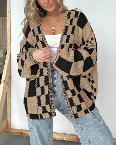 Image of BTFBM Casual Cardigan Sweater for Women Fall 2026 Long Sleeve Open Front Chunky Knit Sweaters Checkered Outwear Coat