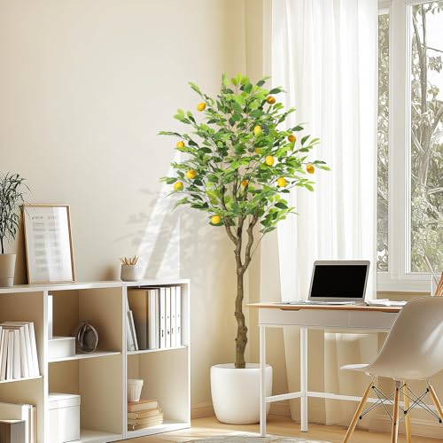 GarveeHome 5 FT Artificial Lemon Tree Indoor, Pre Potted Faux Lemon Tree with Realistic Fruit and Lifelike Leaves, Fake Lemom Plant with 50 Lights for Indoor Home Decor Office Living Room