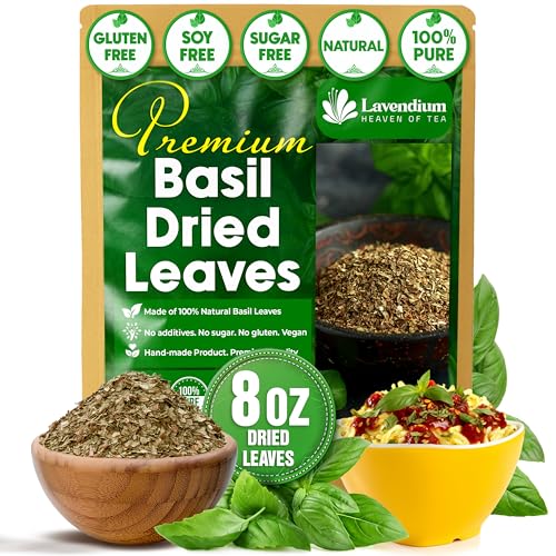 Image of Lavendium, Premium 8oz Dried Basil Leaves, 100% Natural & Pure Basil Herb, No Additives or Preservatives, Non-GMO, Plant-Based & Vegan, Perfect for Pasta, Pizza, Pesto & Italian Cooking