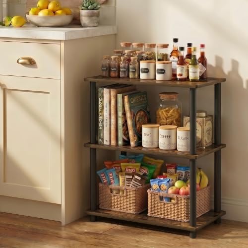 Image of Furinno Turn-N-Tube Storage Shelves, 3-Tier Open Frame Book Shelf, Standing Corner Shelf, Toolless Open Shelves, for Organization and Storage, Living Room, Garage, Home Office, Amber Pine