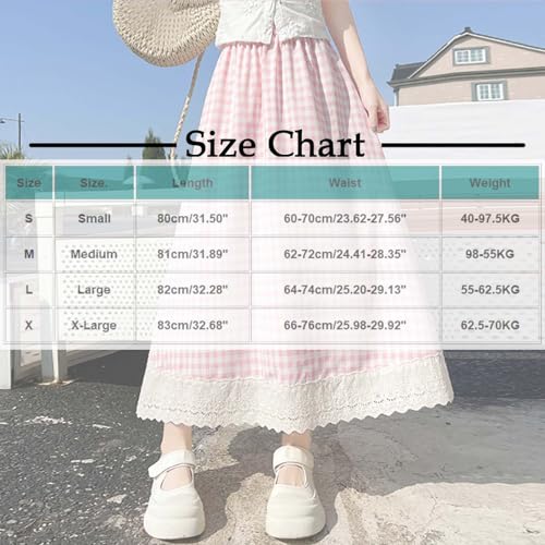 Long Plaid Skirts for Women Girls Cute Lace Eyelet Ruffle Hem Skirt Casual Elastic Waist Gingham Swing Midi Skirt3
