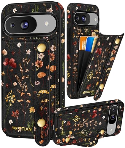 Petitian for Google Pixel 9Pro/9 Case with Wallet - Women Girls Cute Girly Aesthetic Unique Design Leather Credit Card Holder Cardholder Stand Wristband for Pixel 9Pro/9, Grow Flower