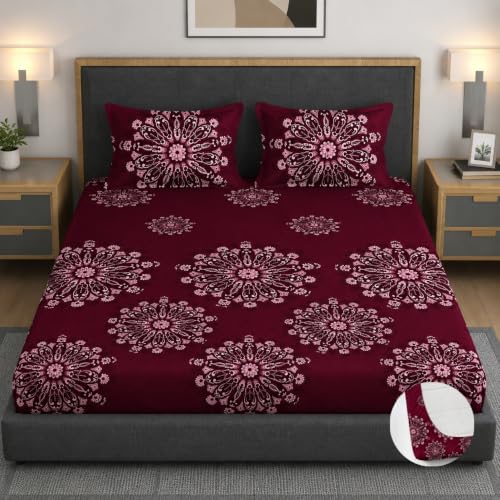Image of Vaini Premium Heavy Cotton Elastic Fitted Bedsheets with 2 King Size Pillow Covers || Double Bed with All Around Elastic 350 TC || 60 x 78 x 8 Inch Queen Size Fitted || :- Maroon Big Flower