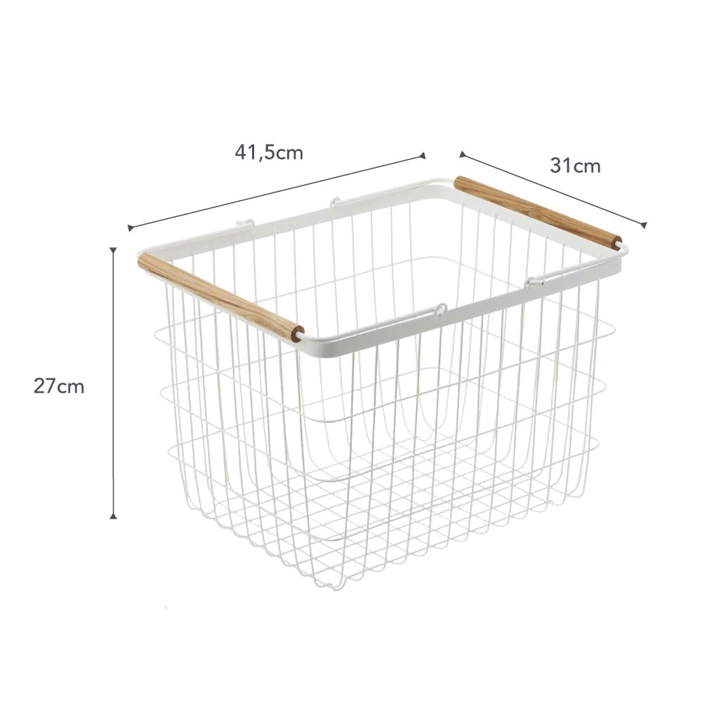 Yamazaki 2809 TOSCA Laundry Basket M, white, Steel/Wood, 41.5 x 31 x 27 cm