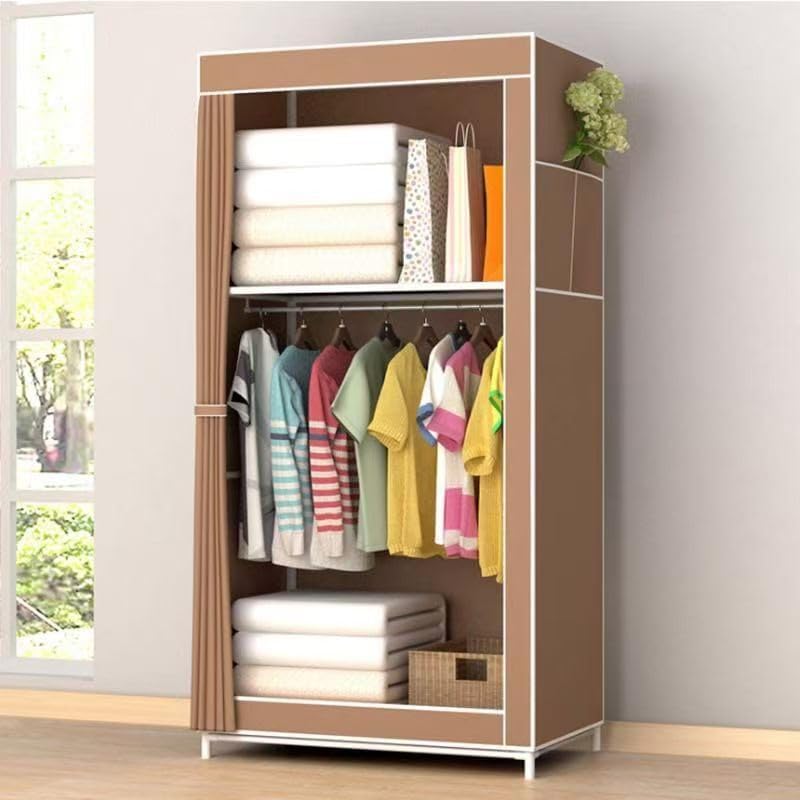 Portable Closet Wardrobe Closet for Hanging Clothes with 1 Storage Shelves, 1 Hanging Rod and 4 Pockets, Free Standing Closet Clothes Organizer for Bedroom, Brown-99