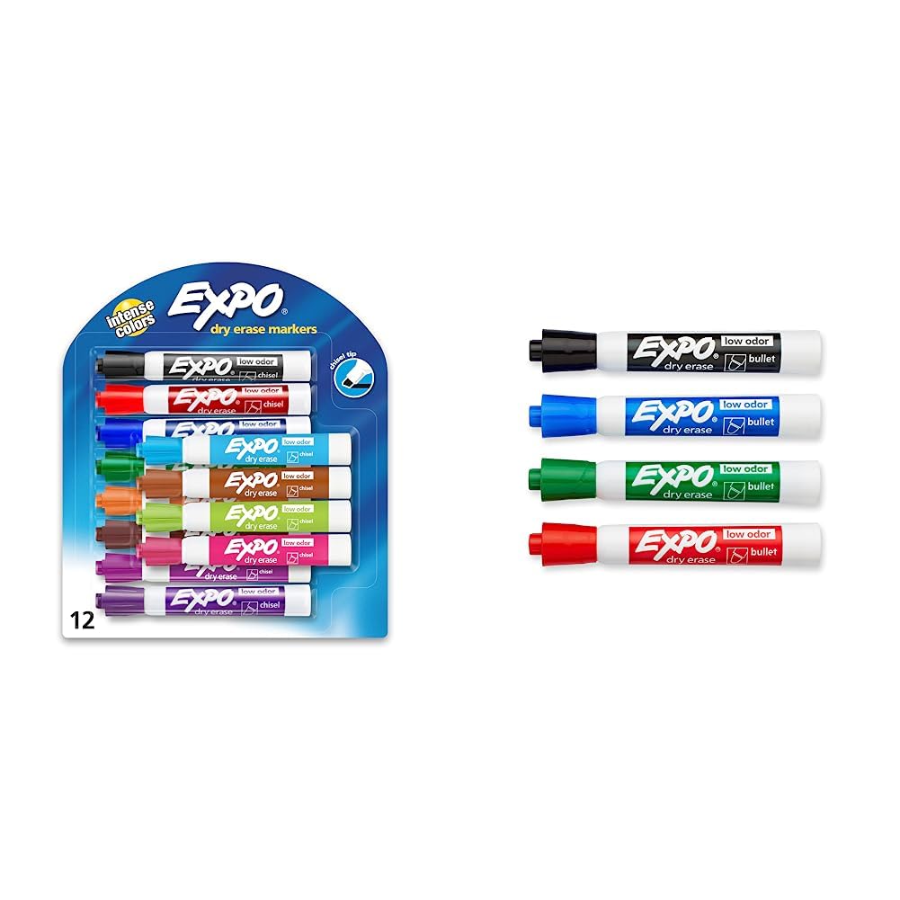 EXPO Low Odor Dry Erase Markers Chisel Tip Assorted Colors 12 Count Low Odor Dry Erase Markers Bullet