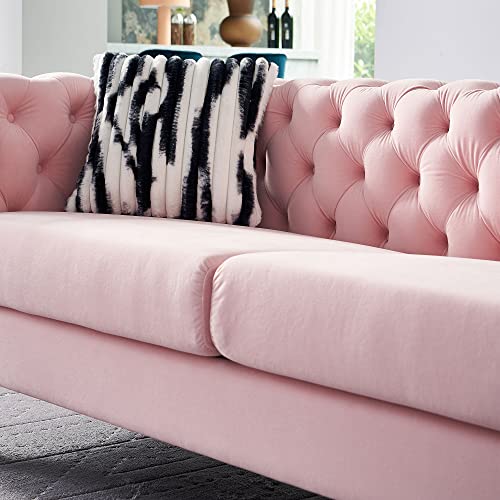 Image of KEIKI 84 inch Chesterfield Velvet Tufted Button Sofa with Removable Cushions and 2 Toss Pillows, Modern 3-Seater Couch with 4 Gold Metal Legs, Easy Assembly, for Living Room, Bedroom, Apartment, Pink