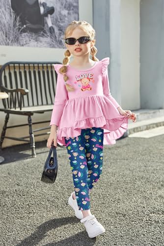 Image of Arshiner Toddler Girl Clothes Ruffle Trim Long Sleeve Pullover Top and Floral Print Leggings Fall Outfits Kids Clothing Sets