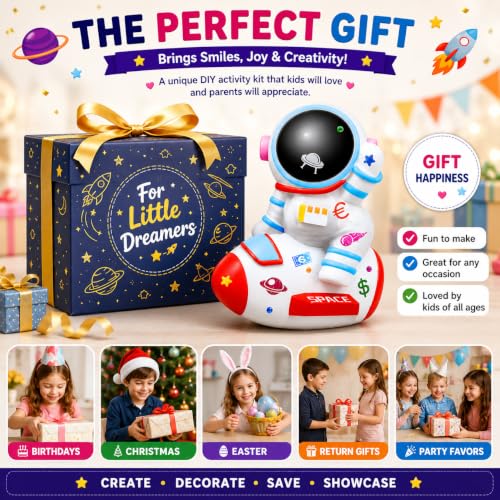 Image of PLUSPOINT DIY Astronaut Coin Bank Painting Kit for Kids Paint Your Own Space Piggy Bank Craft Set with 6 Paints, 12 Magic Floating Pens, Metallic Foils, Stickers, Gems & Glitter, Creative Gift Age 5+