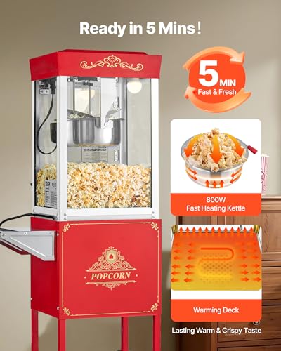 Image of VEVOR Popcorn Machine with Cart, 8oz Stainless Steel Kettle, 800W Commercial Popcorn Maker, 48 Cups per Batch Theater Style Popper, with 2-Button Control Glass Wall PC Door 1 Scoop 3 Spoons, Red