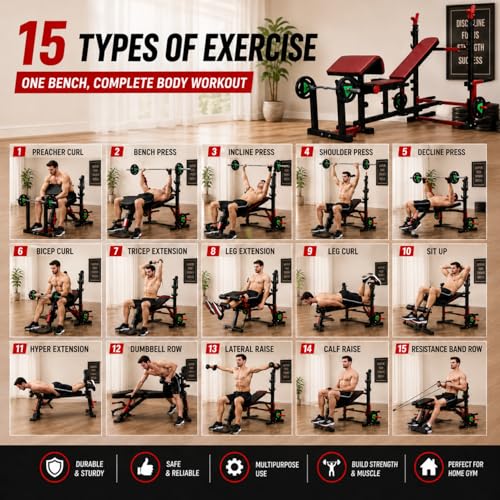 Image of 8-in-1 Adjustable Gym Bench | Bench Press for Home Gym with Preacher Curl & Leg Extension | Foldable, Heavy Duty & Multipurpose Bench for Home Gym, Full Body Workout Equipment
