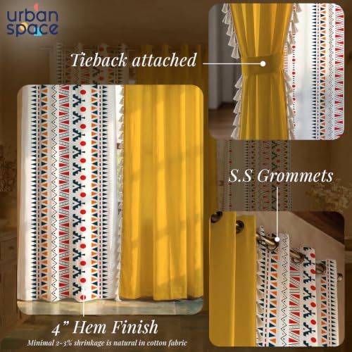 Image of Urban Space 100% Cotton Geometric Curtains For Door, Set Of 3 Curtains 8 Feet Long, 60-65% Room Darkening Curtain, Tieback & Eyelets Included With Curtain (Ikat Orange & Aura Yellow, Door- 8 Ft)