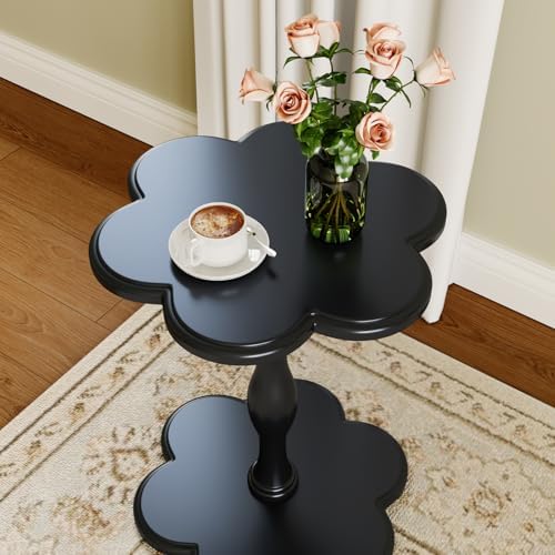 Modern Vintage Pedestal Side Table, Solid Wood Flower-Shaped Accent End Table, Elegant Small Table for Living Room, Bedroom, or Sofa, Perfect for Coffee, Drinks, or Plants, Black