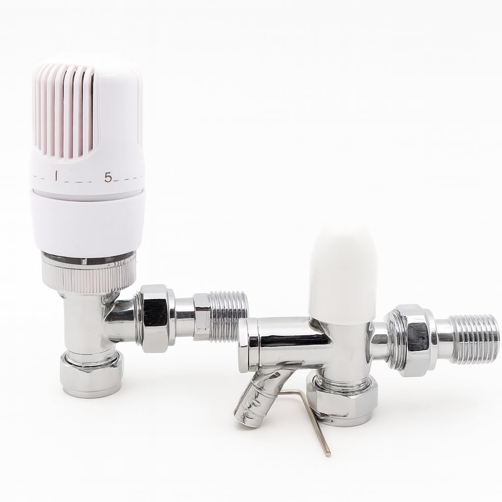 15/10mm Angle Westherm Classic TRV Twin Pack DO White - Thermostatic Radiator Valve & Lockshield Set