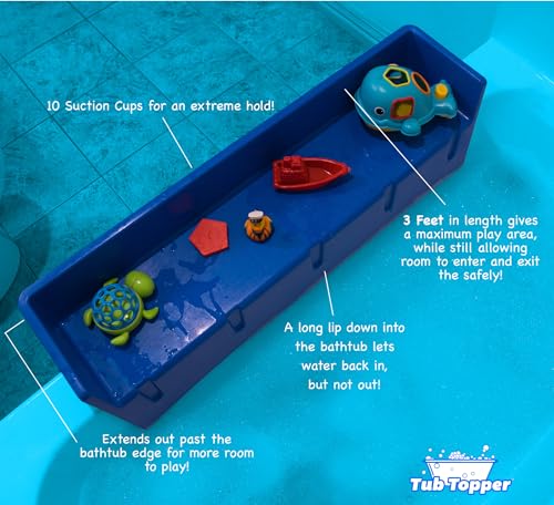 Tub Topper® Bathtub Splash Guard Play Shelf Area -Toy Tray Caddy Holder Storage -Suction Cups Attach to Bath Tub -No Mess Water Spill in Bathroom -Fun for Toddlers Kids Baby
