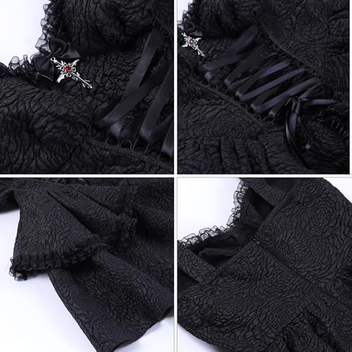 TSMNZMU Womens Pleated Halter Mini Dress Gothic High Waist A-Line Dresses Double Layer Laced Cross Fairy Dress Bandage4