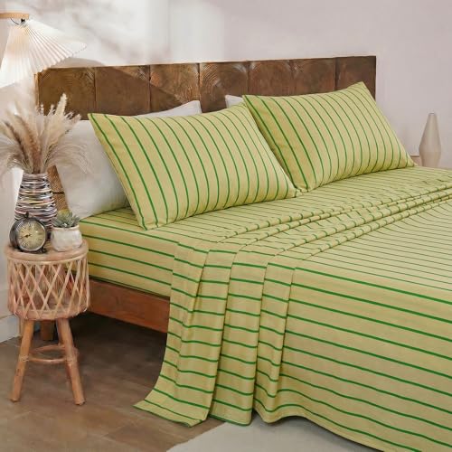Image of Merryword 100% Cotton Sheet Set Full Size, Khaki & Green Stripes Bedding, Soft Breathable Percale Weave, Modern Minimalist, Luxury Linen Like, Deep Pocket Fitted Sheet 17.5 inch