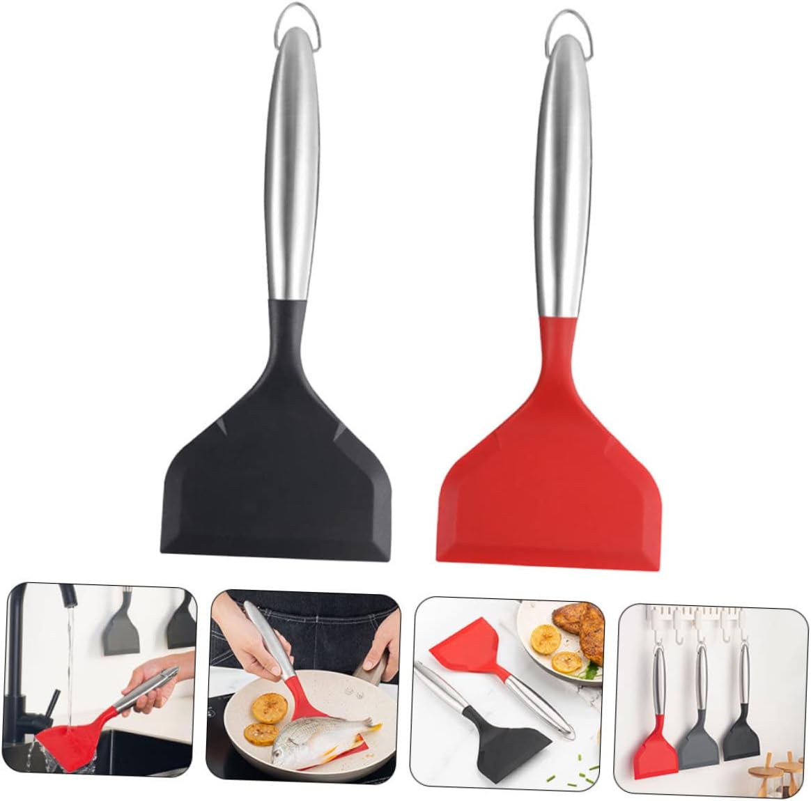 SHOWERORO 2pcs Heat Resistant Silicone Spatula Stainless Steel Handle for Cooking Frying and Serving Non-stick Kitchen Tool for Pancakes Steak and Pizza Black Red