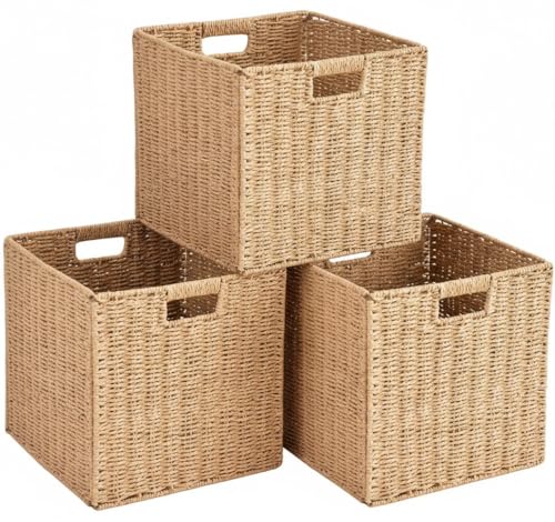 Accmuzzy 3er-Set Aufbewahrungs Korb geflochten,Aufbewahrungskorb Regalkorb Faltbar,Regalbox Storage Box 25x25x25 cm