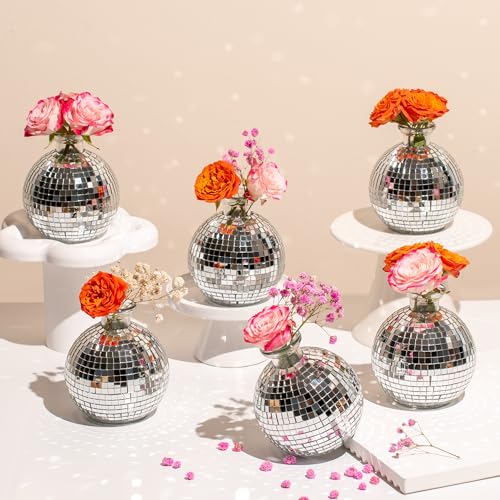 RGBDOT Disco Ball Vase for Centerpieces Disco Ball Planter for Flowers Silver Mirror Glass Disco Ball Decor for Table Party Wedding Birthday Home or Bedroom(3.5 X 4)