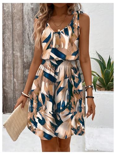 Image of SOLY HUX Women's Summer Sleeveless V Neck Short Dresses Printed A Line Beach Dress Flowy Sundress Blue Khaki Multi Medium