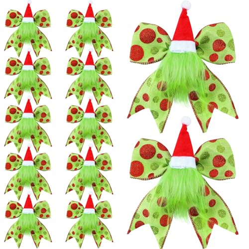 Daifunli 12 Pcs Red Green Christmas Bows Decoration 6 Inch Large Christmas Tree Wreath Bows with Santa Hat and Gnome Polka Dot Bows Ribbons Gift Bows Glitter Bows for Xmas DIY Crafts Party Ornaments