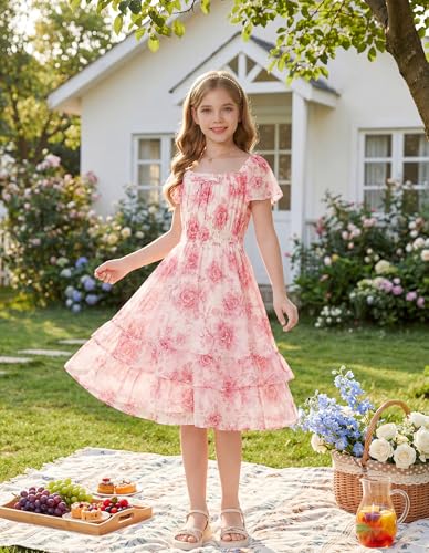 GRACE KARIN Girls Floral Summer Dress Flutter Sleeve Square Neck Midi Casual Dress for Girl 6-14Y - Image 6